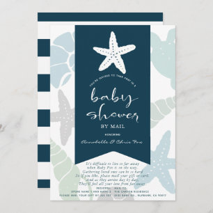 Starfish & Seashells Navy Blue Baby Shower by Mail Invitation