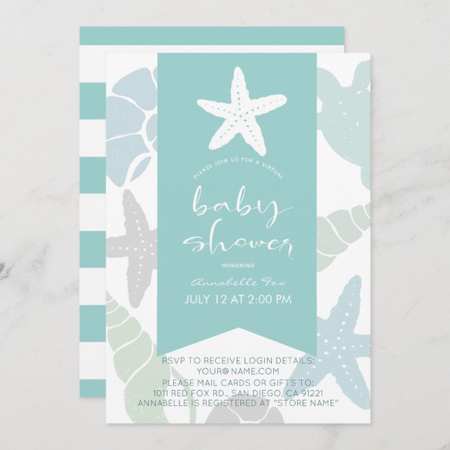 Starfish & Seashells Turquoise Virtual Baby Shower Invitation (Front/Back)