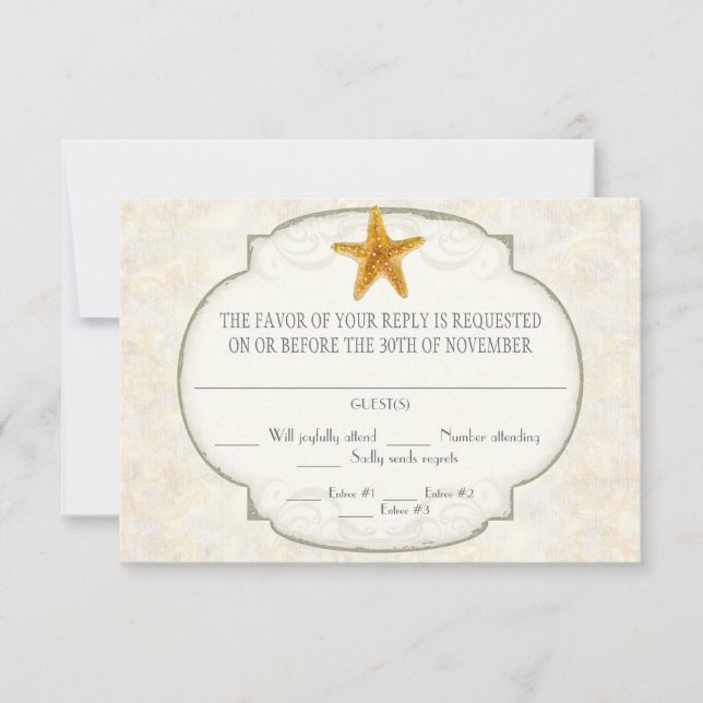 Starfish Shell Ocean Striped Pattern Damask Beach RSVP Card (Front)