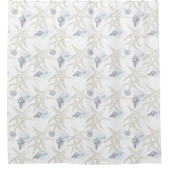 Starfish Shell White Blue Beach Shower Curtain (Front)