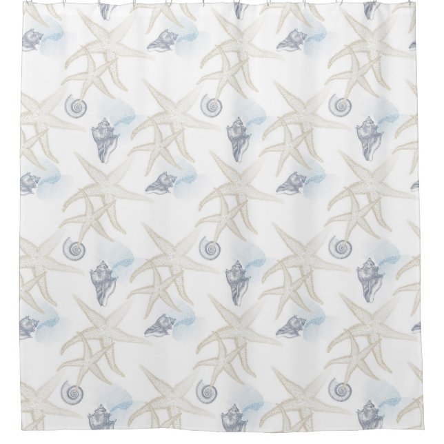 Starfish Shell White Blue Beach Shower Curtain (Front)