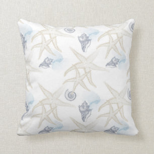 Starfish Shell White Blue Beach Throw Pillow