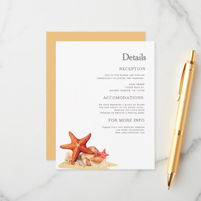 Starfish shells beach nautical wedding enclosure card (Front/Back In Situ)