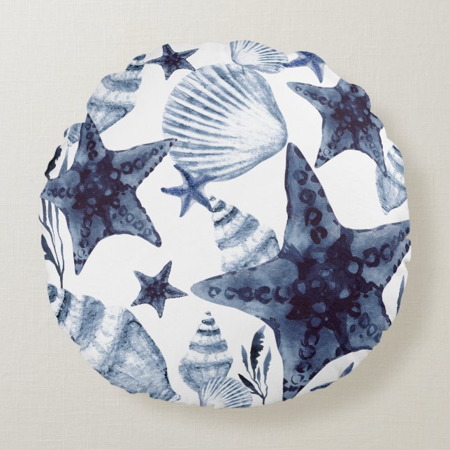 Starfish Shells Navy Blue And White Beachy Pattern Round Cushion (Front)