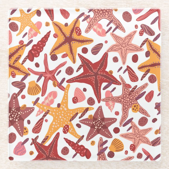 Starfish Shells: Scandinavian Sea Pattern Glass Coaster (Front)