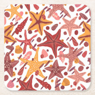 Starfish Shells: Scandinavian Sea Pattern Square Paper Coaster
