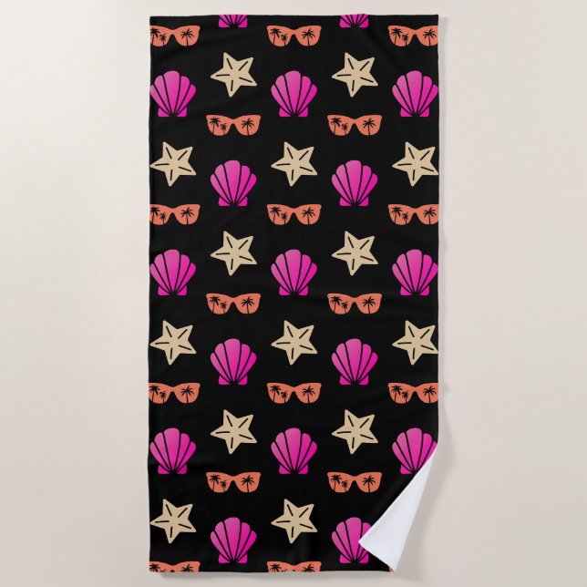 Starfish, Shells & Sun Glasses On Black Beach Towel (Front)