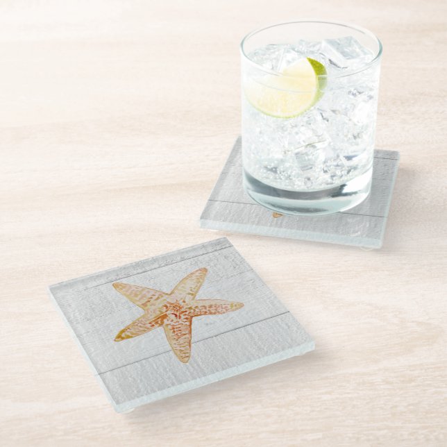 Starfish Shiplap Rustic Beach Decor Glass Coaster (Angled)