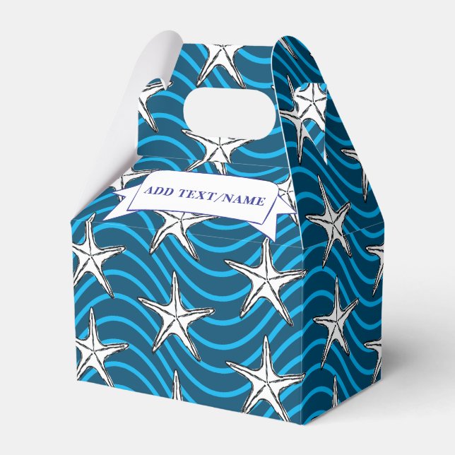 Starfish Sketch Blue Wave Patterns Custom Name Favour Box (Front Side)