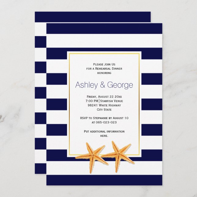 Starfish & stripes beach wedding rehearsal dinner invitation (Front/Back)