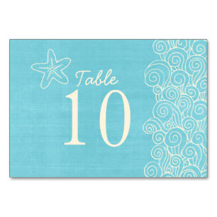 Starfish swirls aqua beach wedding table numbers