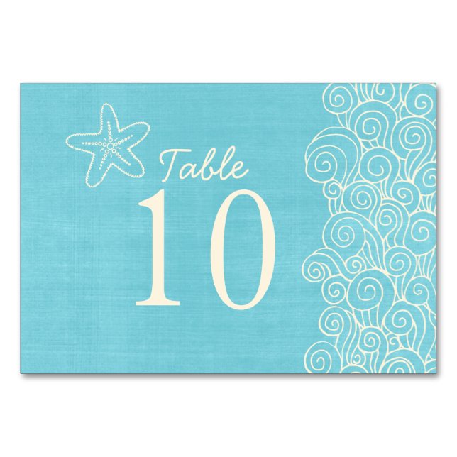 Starfish swirls aqua beach wedding table numbers (Front)