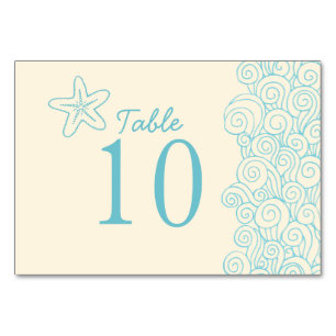 Starfish swirls aqua beach wedding table numbers