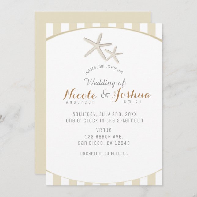 Starfish Tan Striped Modern Minimal Beach Wedding Invitation (Front/Back)