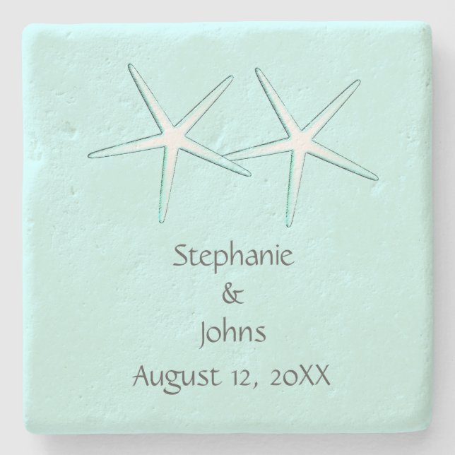 Starfish Teal Beach Nautical Weddings Couple Name Stone Coaster (Front)