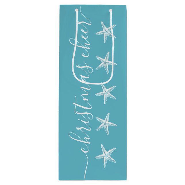 Starfish Teal Blue Coastal Christmas Cheer Wine Gift Bag (Front)
