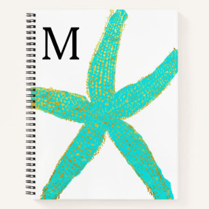 Starfish Teal Blue Gold Foil Monogrammed Initials Notebook