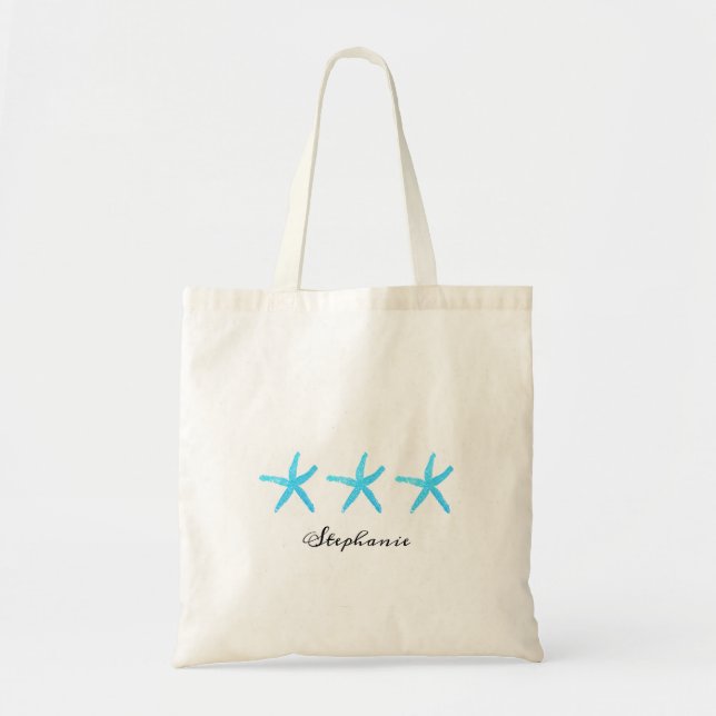 Starfish Teal Blue Monograms Cute Nautical Beach Tote Bag (Front)