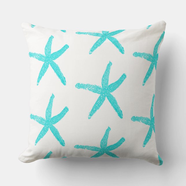 Starfish Teal Blue White Cute Patterns Cotton Cushion (Front)