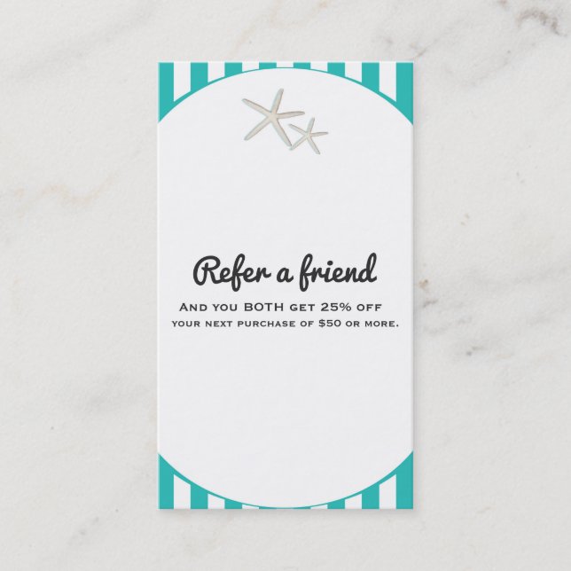 Starfish Teal Turquoise Striped Refer a Friend Referral Card (Front)