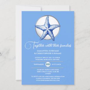 Starfish theme wedding blue white silver seashore invitation