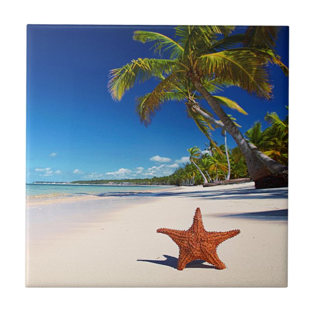 Starfish Tropical Sandy Beach Palm Tree Island Ceramic Tile (Front)