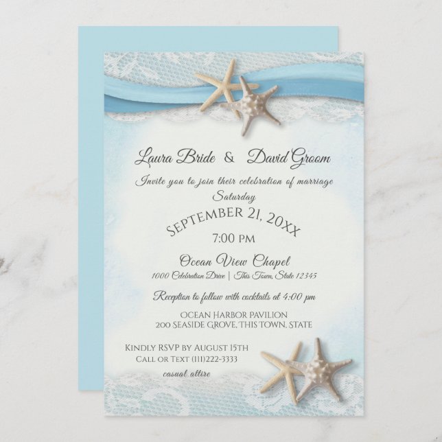 Starfish Tropical Vintage Beach Sky Blue Wedding Invitation (Front/Back)