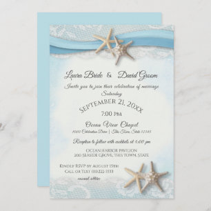 Starfish Tropical Vintage Beach Sky Blue Wedding Invitation