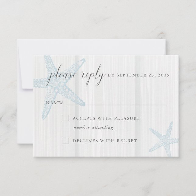 Starfish Vintage Rustic Blue Wood Beach RSVP Card (Front)