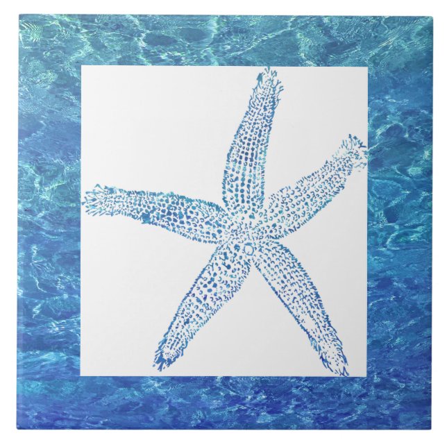Starfish Water Coastal Beach Bue White Gift Decor Ceramic Tile (Front)