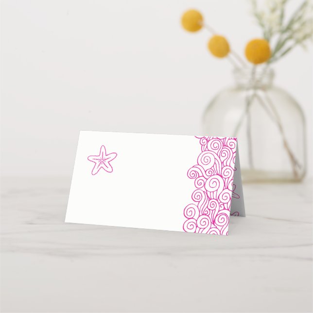 Starfish wave swirls pink beach guest place cards (Front)