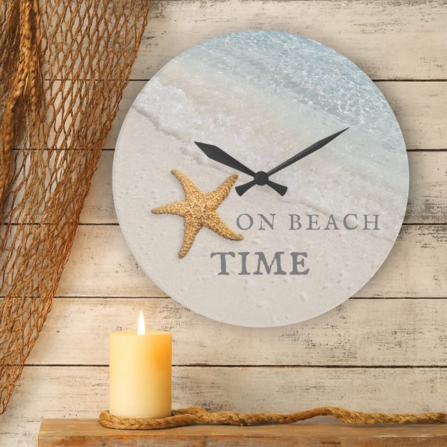 Starfish Waves Beach House Round Clock (Elegant clock featuring a starfish on the beach in soft pastel. Beautiful for a coastal home)