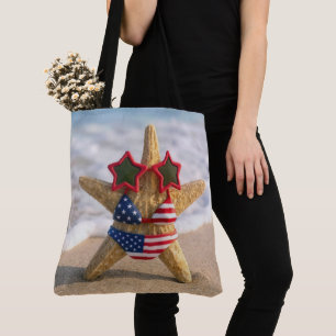 Starfish Wearing Flag Bikini and Star Sunglasses Tote Bag