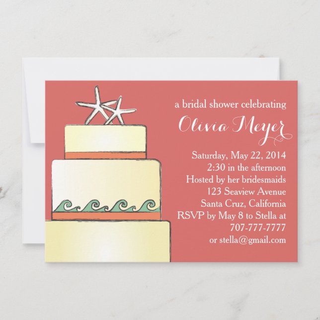 Starfish Wedding Cake Bridal Shower Invites Coral (Front)