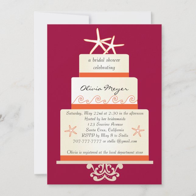 Starfish Wedding Cake Invitations -Pink and Orange (Front)