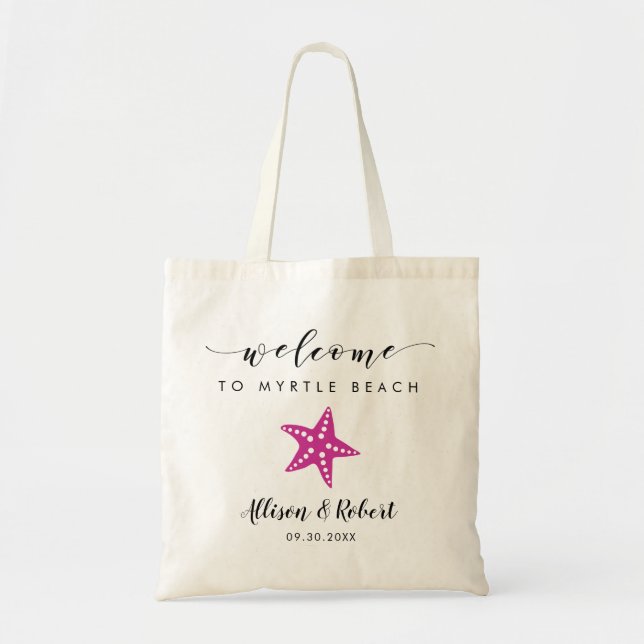 Starfish Wedding Welcome Bag, Beach, Fuchsia Pink Tote Bag (Front)