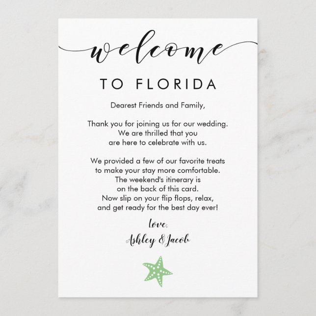 Starfish Wedding Welcome Letter & Itinerary Card (Front)