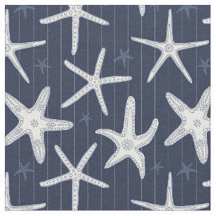 Starfish White and Navy Blue Stripes Beach Fabric