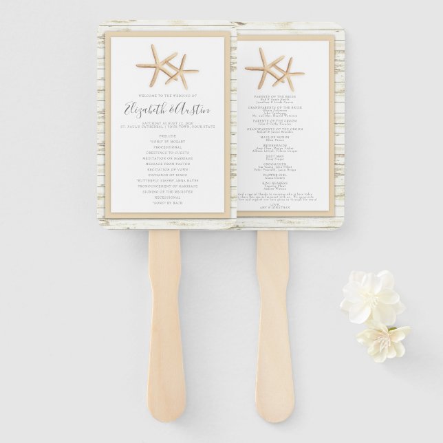 Starfish Whitewash Wood Beach Wedding Program Fan (Front and Back)