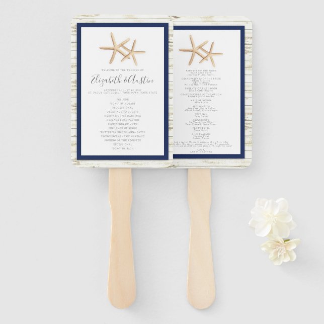 Starfish Whitewash Wood Beach Wedding Program Fan (Front and Back)