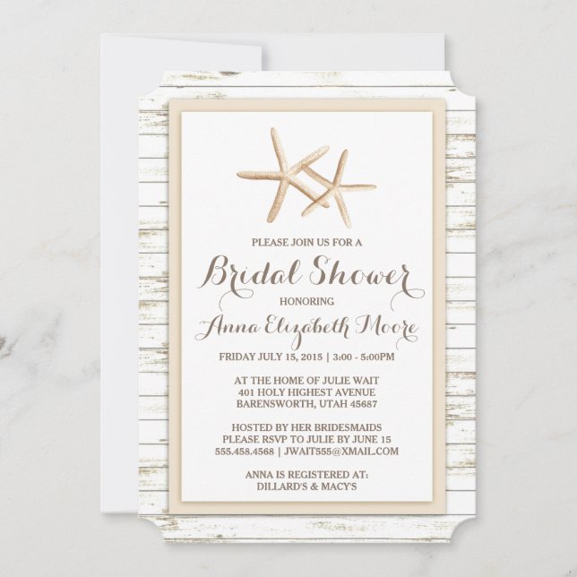 Starfish Whitewashed Wood Beach Bridal Shower Invitation (Front)