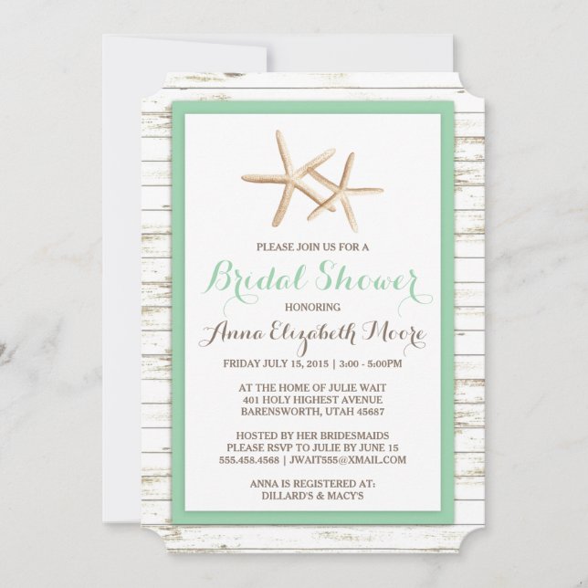 Starfish Whitewashed Wood Beach Bridal Shower Invitation (Front)
