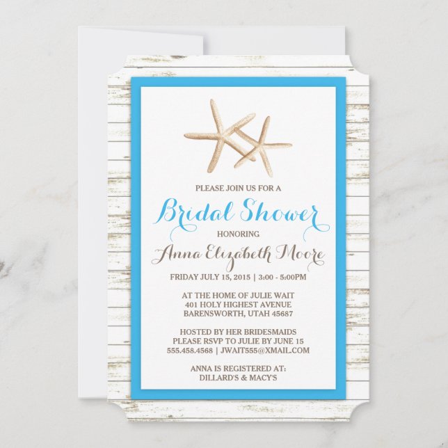 Starfish Whitewashed Wood Beach Bridal Shower Invitation (Front)