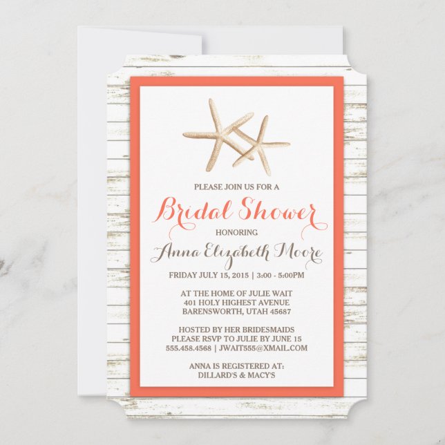 Starfish Whitewashed Wood Beach Bridal Shower Invitation (Front)