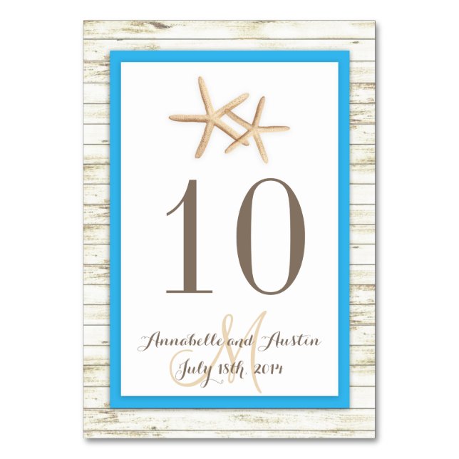 Starfish Whitewashed Wood Beach Tropical Wedding Table Number (Front)