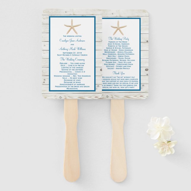 Starfish Whitewashed Wood Beach Wedding Collection Hand Fan (Front and Back)