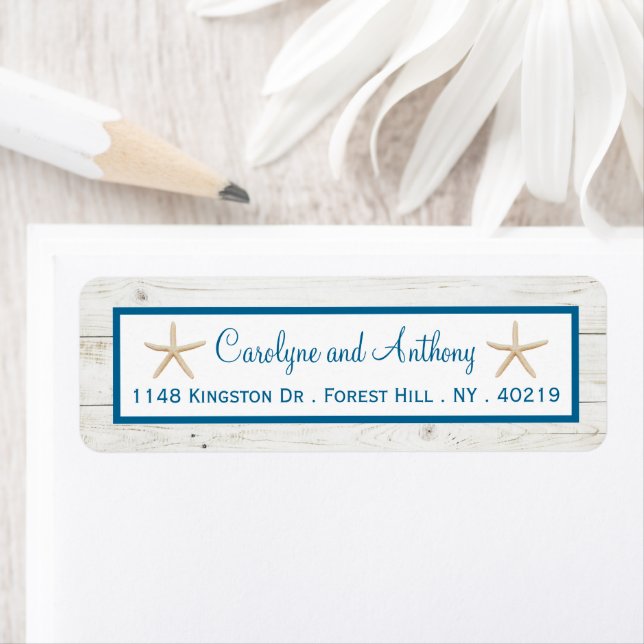 Starfish Whitewashed Wood Beach Wedding Collection Return Address Label (Insitu)