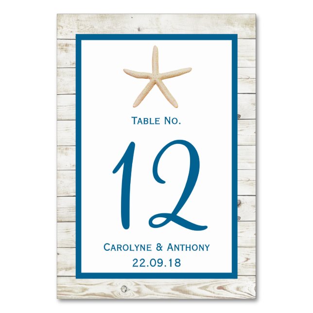 Starfish Whitewashed Wood Beach Wedding Collection Table Number (Front)