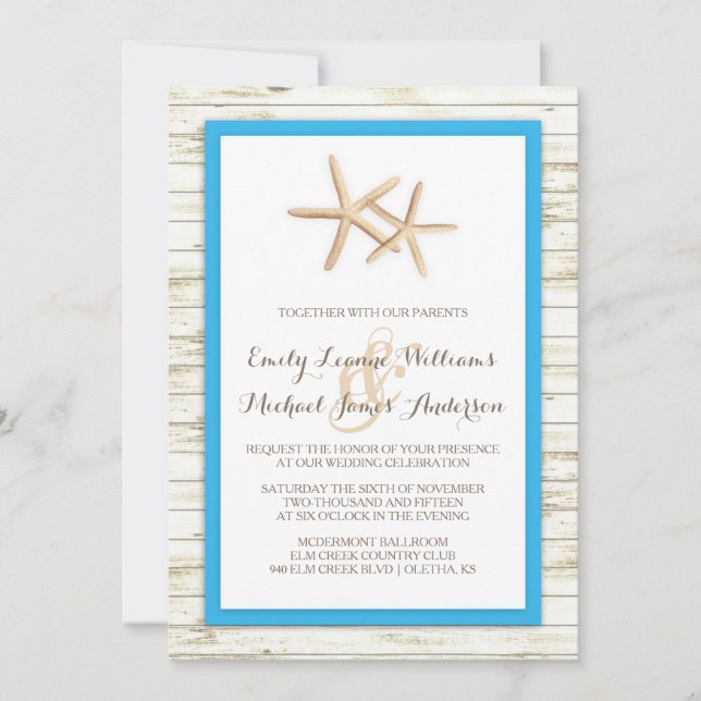 Starfish Whitewashed Wood Beach Wedding Invitation (Front)