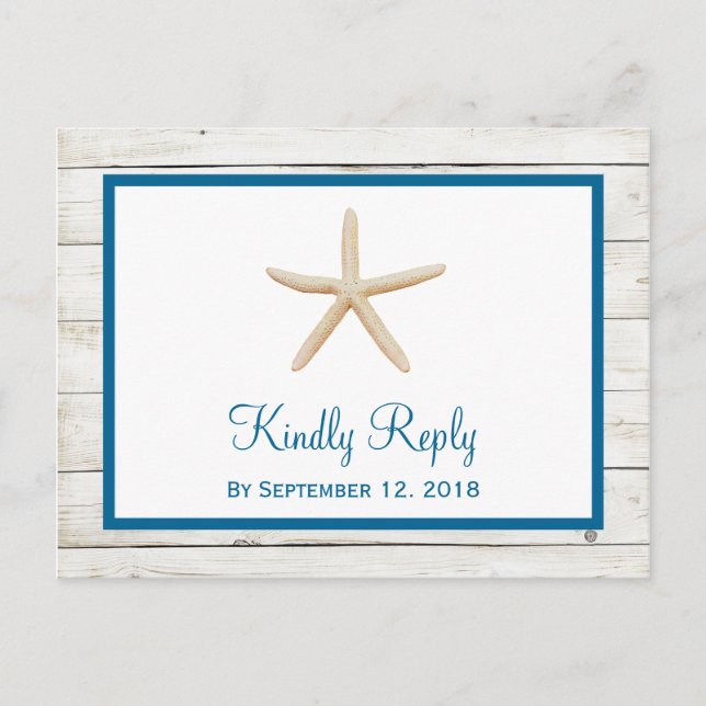 Starfish Whitewashed Wood Beach Wedding RSVP Invitation Postcard (Front)
